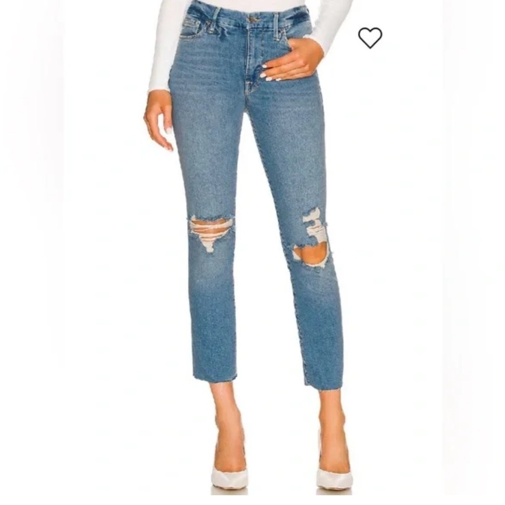 Good American Blue Cropped Distressed Jeans good straight